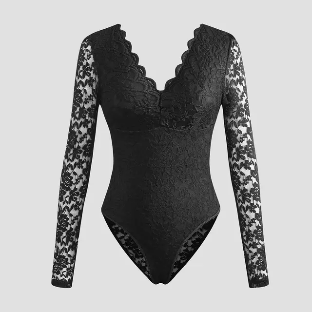 Sexy Solid Color Lace Long Sleeve Sheer Bodycon Jumpsuit Black - Shop at LoveMi
