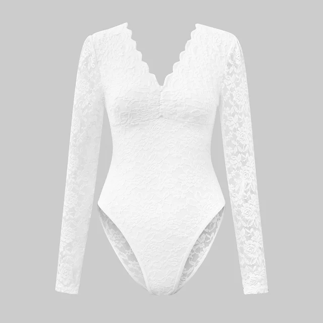 Sexy Solid Color Lace Long Sleeve Sheer Bodycon Jumpsuit White - Shop at LoveMi