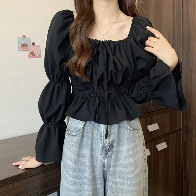 New Stylish French style Puff sleeve Chiffon Blouse Black - Shop at LoveMi
