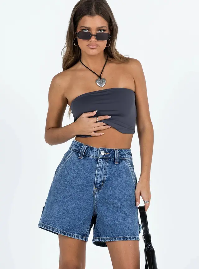 Street style Washed Workwear Women's Denim Straight leg Shorts Dark Blue - Shop at LoveMi