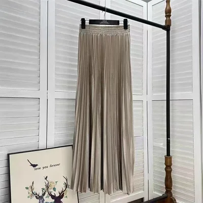 Draped Elastic waist Versatile Figure flattering Sophisticated Elegant Solid color Maxi Skirt Gold - Shop at LoveMi