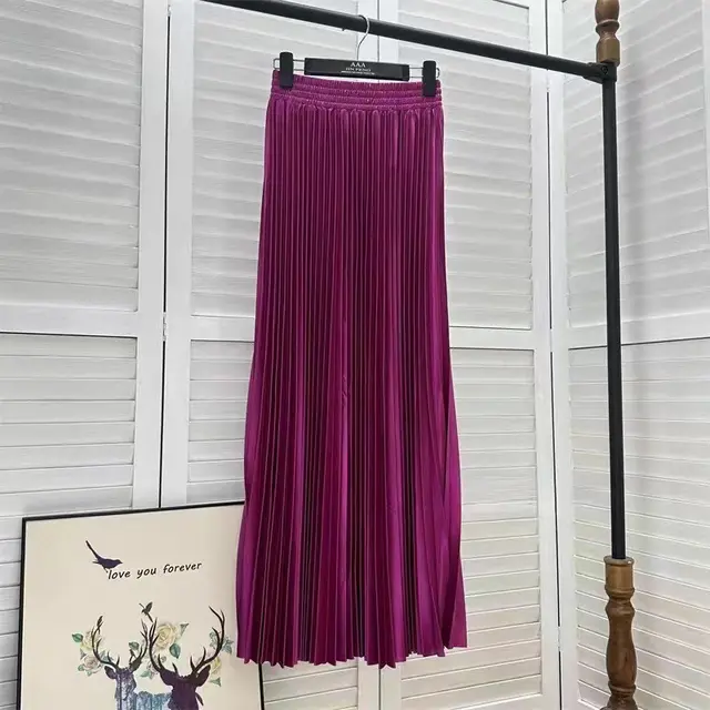 Draped Elastic waist Versatile Figure flattering Sophisticated Elegant Solid color Maxi Skirt Purplish Red - Shop at LoveMi