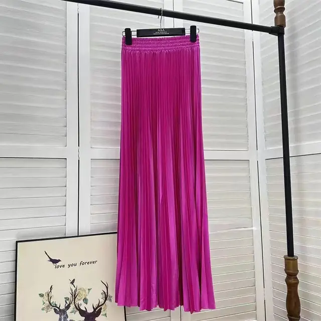 Draped Elastic waist Versatile Figure flattering Sophisticated Elegant Solid color Maxi Skirt Rose Red - Shop at LoveMi