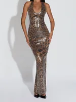 Women's Backless Leopard-Print Bodycon Halter Maxi Dress - Leopard