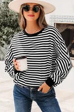 Orange Stripe Exposed Seam Drop Shoulder Casual Pullover Top - Black