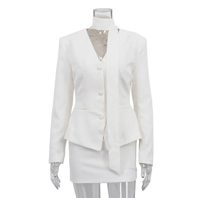 Turtleneck V neck Long sleeve Waist cinching Suit Jacket And Sheath Skirt Two piece Set White - Shop at LoveMi