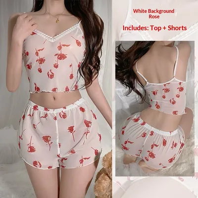 Leopard print Pajama Set For Women Camisole And Shorts White - Shop at LoveMi