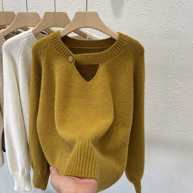 Knitted Sweater Women's AutumnWinter Korean style Loose fit Slimming Top With Exposed Collarbones And Long Sleeves Olive Green - Shop at LoveMi