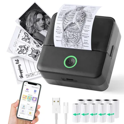 Mini Printer Thermal Ink free Sticker Manufacturer And 10 Rolls Of Printing Paper Dark Grey - Shop at LoveMi