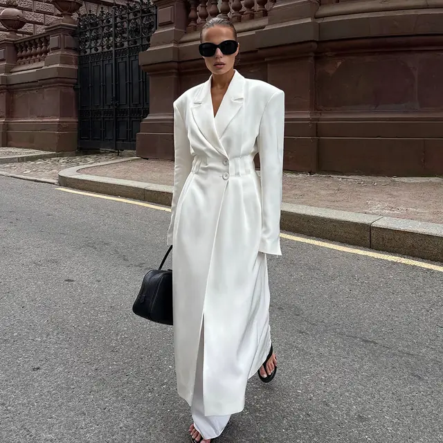 AutumnWinter Women's Fitted And Lengthened Blazer With Defined Waist White - Shop at LoveMi
