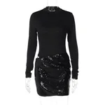 Women's Sexy Side-Openwork Patchwork Bodycon Long-Sleeve Dress - Black