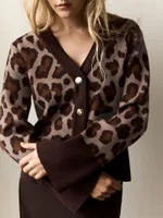 Women's Leopard-Print Colorblock Knitted Cardigan Sweater Top - Brown