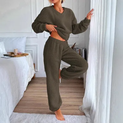 Women's Comfortable V neck Casual Loungewear Warm Set Army Green - Shop at LoveMi