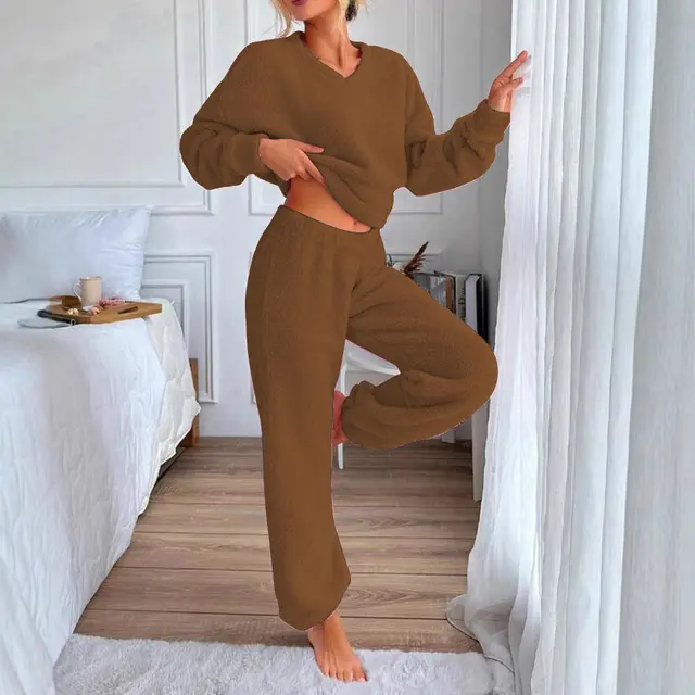 Women's Comfortable V neck Casual Loungewear Warm Set Caramel Color - Shop at LoveMi