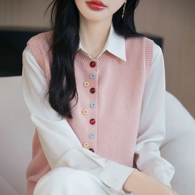 Women's Crew Neck Knitted Cardigan Vest With Colorful Buttons Pink - Shop at LoveMi