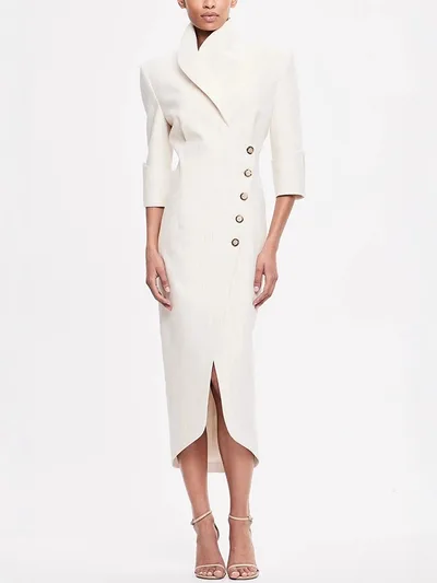 Women's Slim fit Fashionable Suit style Slanted neck Solid color Dress White - Shop at LoveMi