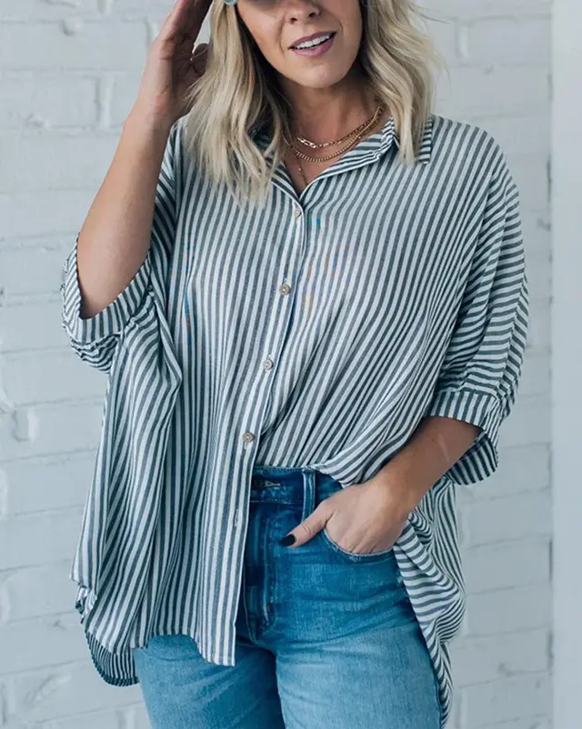 Women's Striped Fashionable Loose fit Three quarter sleeve Shirt Black - Shop at LoveMi