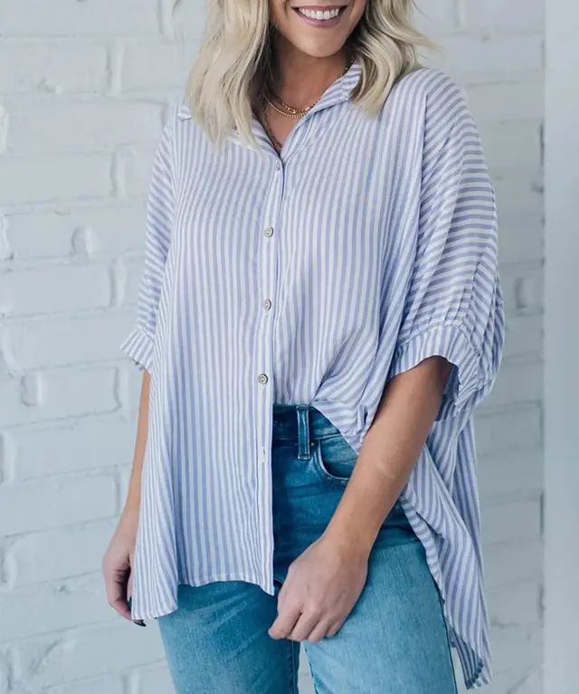 Women's Striped Fashionable Loose fit Three quarter sleeve Shirt Light Blue - Shop at LoveMi