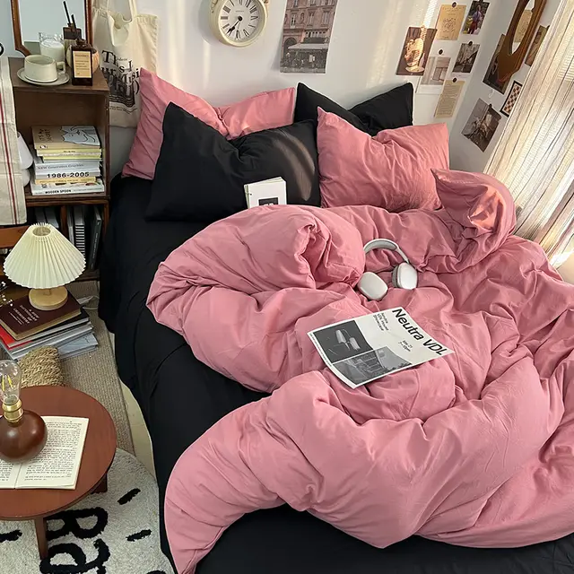 Category A Simple Solid Color Washed Cotton Student Dormitory Duvet Cover Rose Pink Dark Black - Shop at LoveMi