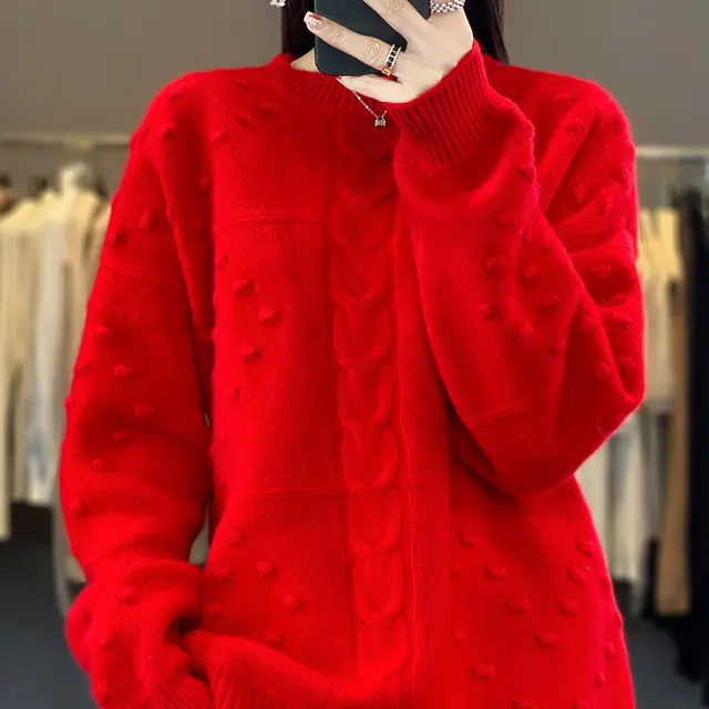 New Stylish Round neck Wool Sweater For Womenversatile And Effortlessly Chic Rich Red - Shop at LoveMi