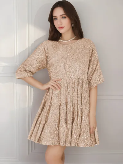 Fashionable Round neck Loose fit Short sleeve Dress With Sequins Gold - Shop at LoveMi
