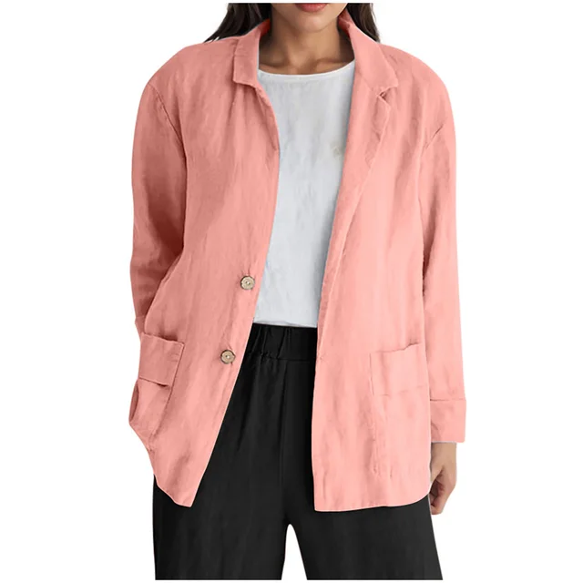 Loose fit Solid color Long sleeve Cotton linen Coat With Buttons For Women Peach - Shop at LoveMi