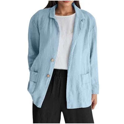 Loose fit Solid color Long sleeve Cotton linen Coat With Buttons For Women Sky Blue - Shop at LoveMi