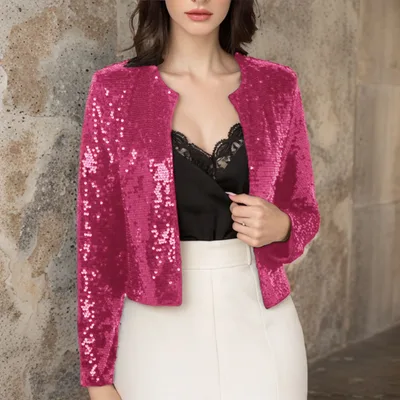 Crew neck Long sleeve Solid color Cardigan Casual Sequin Jacket Rose - Shop at LoveMi