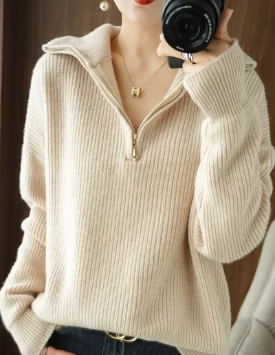 Women's Thickened Pullover Knitted Sweater Top Beige - Shop at LoveMi
