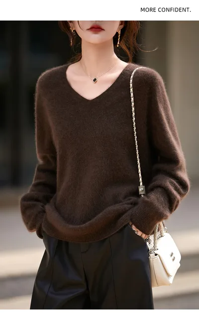 V neck Cashmere Knit Women's Loose fit Sweater Coffee Color - Shop at LoveMi