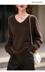 V-neck Cashmere Knit Women's Loose-fit Sweater - Coffee Color - View 1
