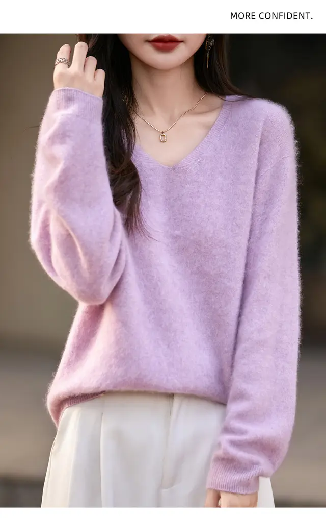 V neck Cashmere Knit Women's Loose fit Sweater Initial Lotus Powder - Shop at LoveMi