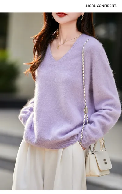 V neck Cashmere Knit Women's Loose fit Sweater Light Purple - Shop at LoveMi