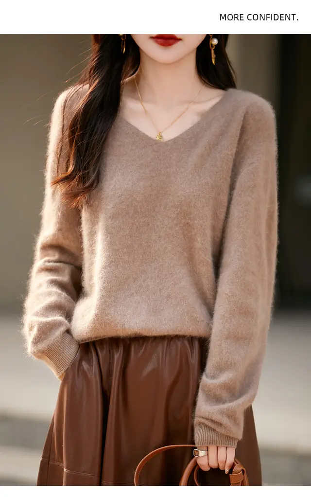 V neck Cashmere Knit Women's Loose fit Sweater Reindeer Camel - Shop at LoveMi