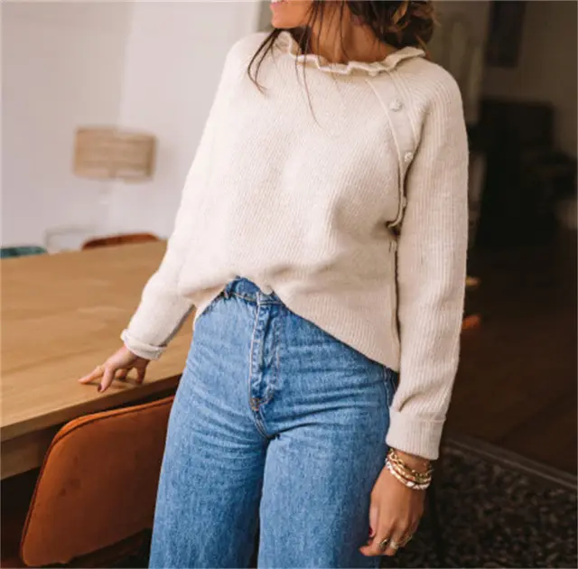 Fashionable Loose Fit Solid Color Knitted Sweater With Buttons And Ruffle Neck Long Sleeve Top Apricot - Shop at LoveMi