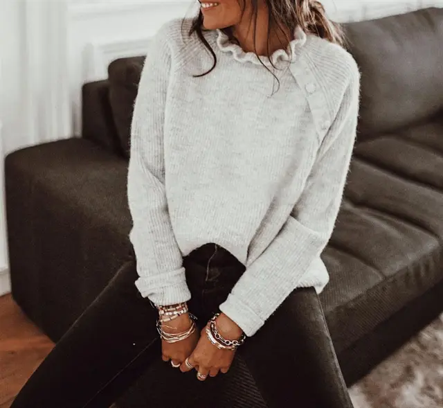 Fashionable Loose Fit Solid Color Knitted Sweater With Buttons And Ruffle Neck Long Sleeve Top Light Gray - Shop at LoveMi