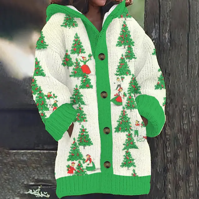 Women's Faux Wool Sweater Loosefit Jacquard Hooded Jacket Dmcmy24111810 - Shop at LoveMi