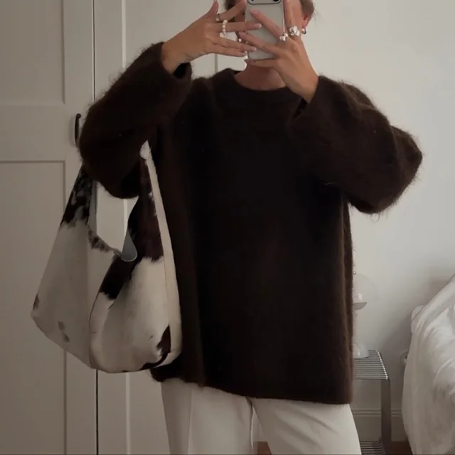 Women's Thickened Solid Color Versatile Crew Neck Sweater Brown - Shop at LoveMi