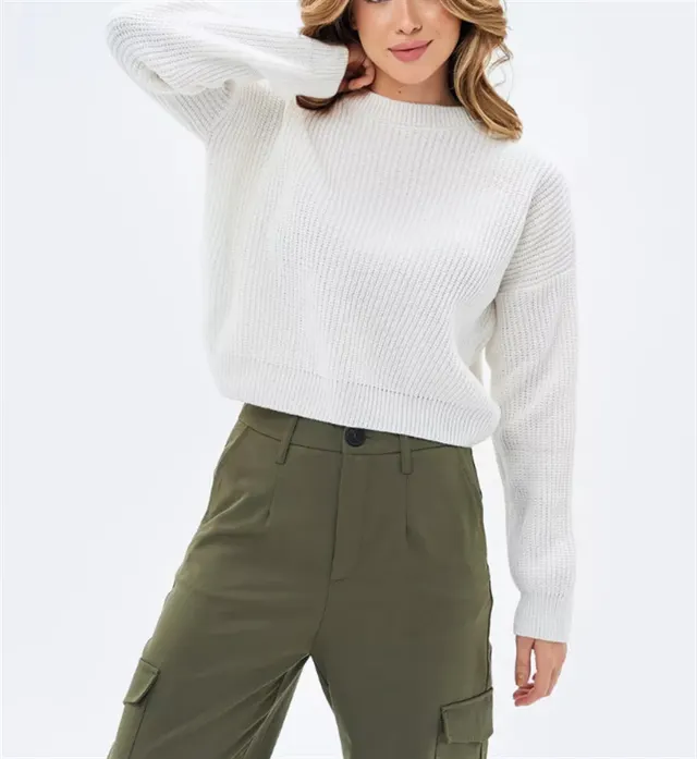 Women's Solid color Crew neck Loose fitting Pullover Sweater White - Shop at LoveMi