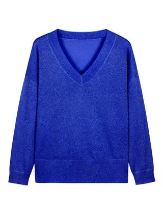 Casual Minimalist, Loose-fitting V-neck Knit Top For Women - Blue