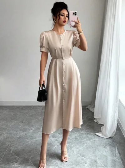 High waisted Cardigan button Midi Dress Skin Color L - Shop at LoveMi