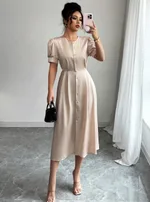 High-waisted Cardigan-button Midi Dress - Skin Color-S - View 1