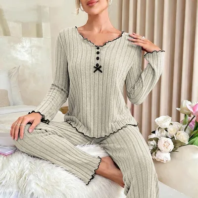 European And American style Solid color Ruffled edge Minimalist Pajama Set Gray - Shop at LoveMi