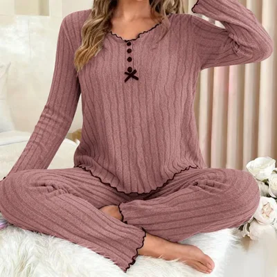 European And American style Solid color Ruffled edge Minimalist Pajama Set Rose Red - Shop at LoveMi