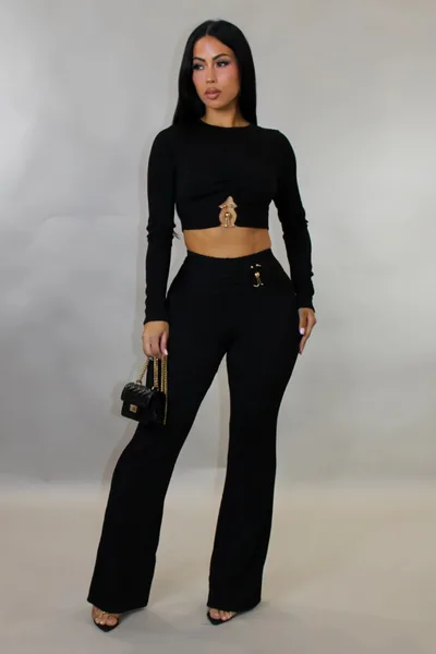 Women's Slim fit Sexy Hollow out Top And Flared Pants Two piece Set Black - Shop at LoveMi
