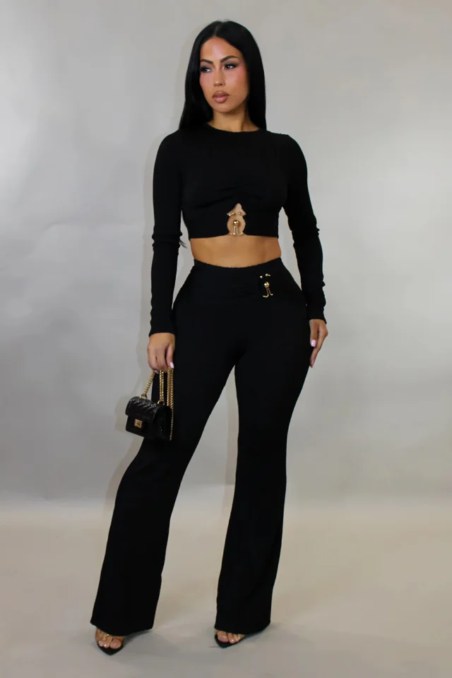 Women's Slim fit Sexy Hollow out Top And Flared Pants Two piece Set Black - Shop at LoveMi
