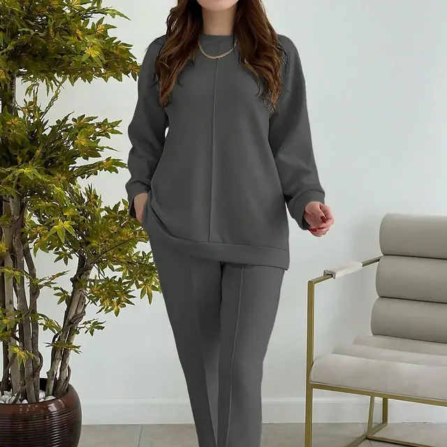 Women's Fashion Casual Solid Color Crew Neck Top And Pants Two Piece Set Dark Gray - Shop at LoveMi