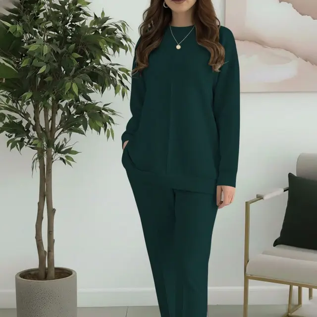 Women's Fashion Casual Solid Color Crew Neck Top And Pants Two Piece Set Dark Green - Shop at LoveMi