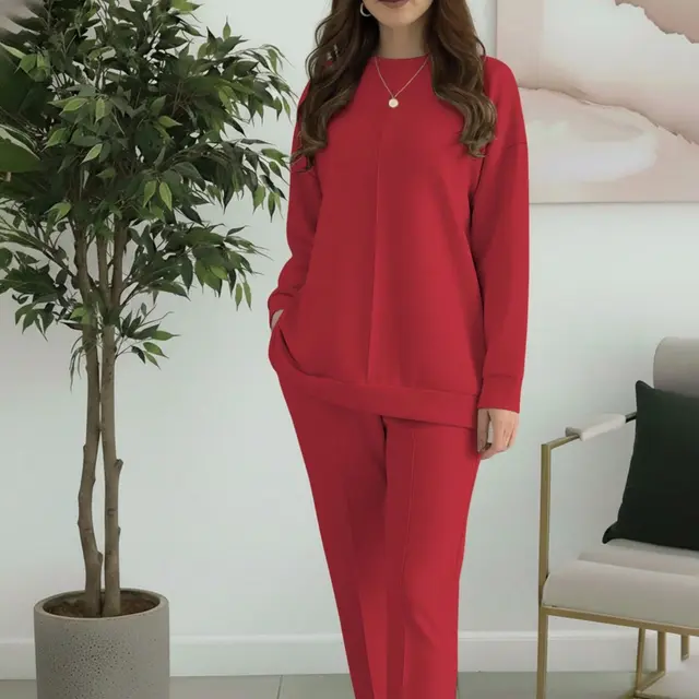 Women's Fashion Casual Solid Color Crew Neck Top And Pants Two Piece Set Red - Shop at LoveMi