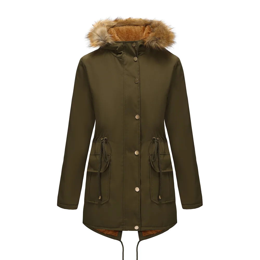 Hooded Women's Mid-length Padded Coat With Fur Collar And Defined Waist - Green